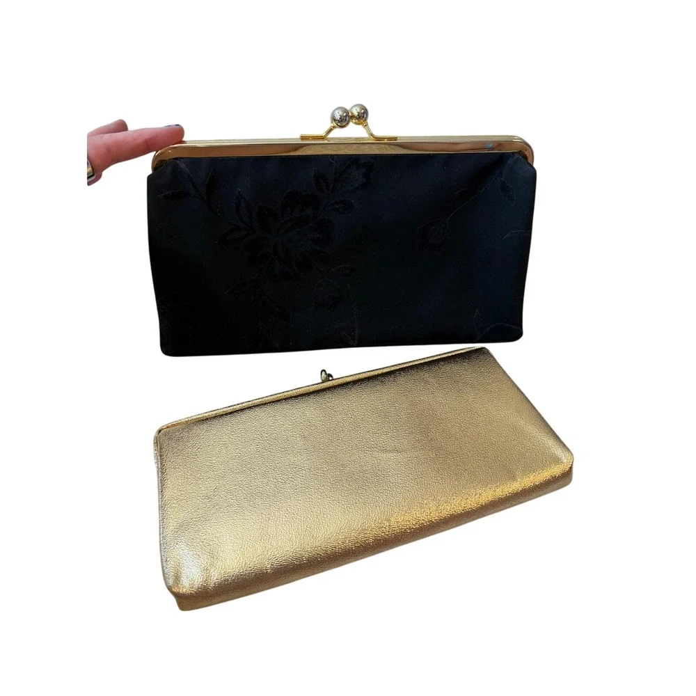 Vintage Evening Clutch Bundle Black Floral Velvet & Gold Metallic Kiss Lock Bag